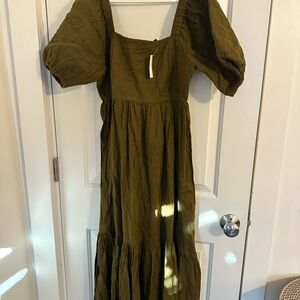 Olive Green Puff Sleeve Maxi Dress
